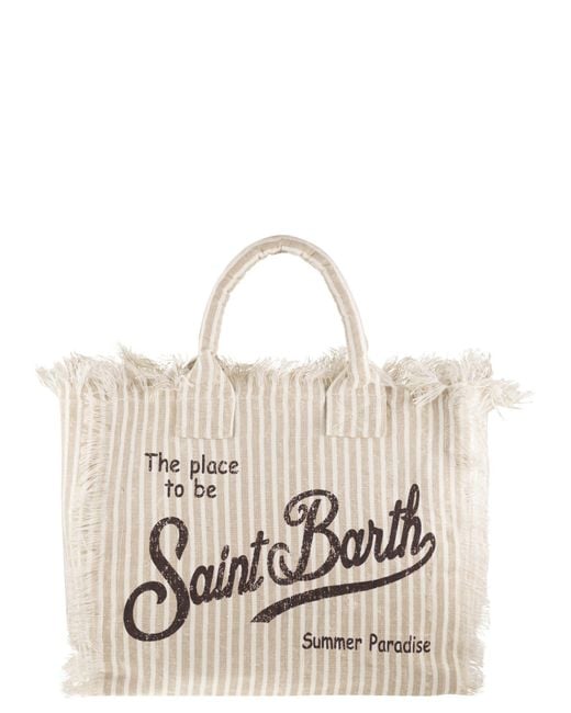 Mc2 Saint Barth White Striped Linen Beach Tote Bag With Printed Logo