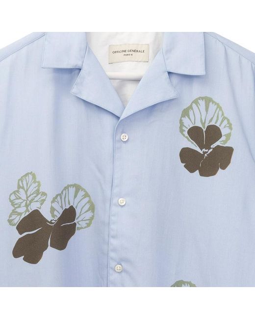Officine Generale Blue Floral Print Camp Shirt With Quarter Sleeves for men