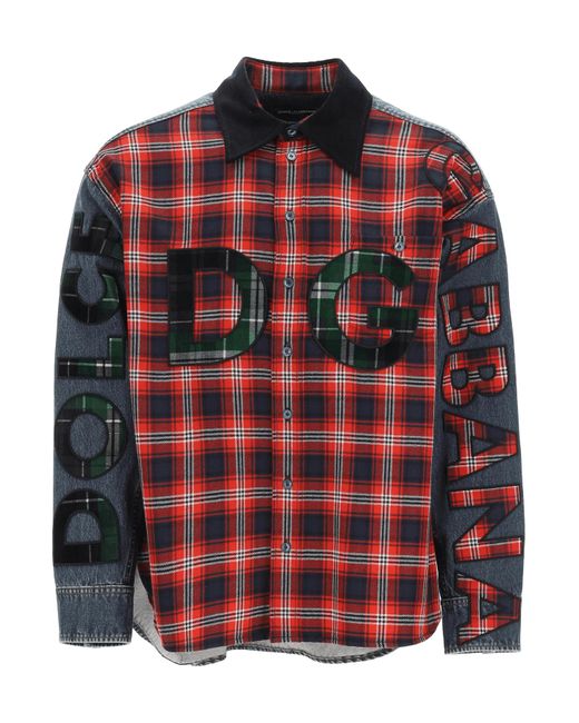 Surdimensionné en denim et chemise de flanelle avec logo Dolce & Gabbana pour homme en coloris Red