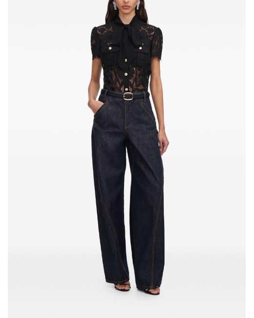 Self-Portrait Black Tie Neck Lace Top