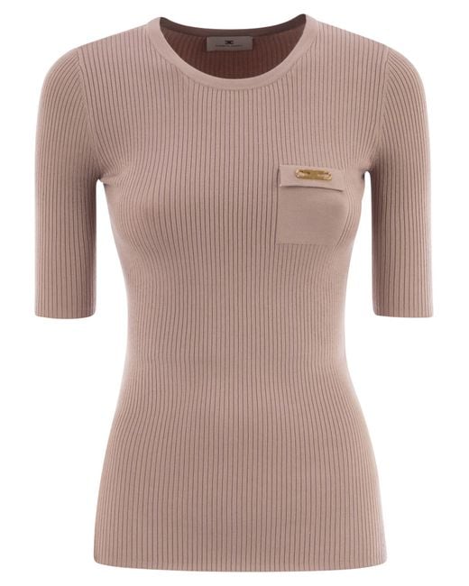 Elisabetta Franchi Pink Ribbed Jumper With Pocket