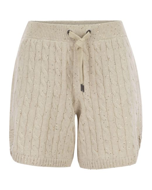 Brunello Cucinelli Natural Baumwoll -Strick -Shorts mit Pailletten