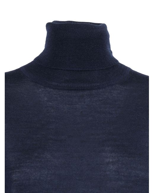 P.A.R.O.S.H. Blue Ribbed Turtleneck Sweater Crafted From Luxury Wool-Silk-Cashmere Blend