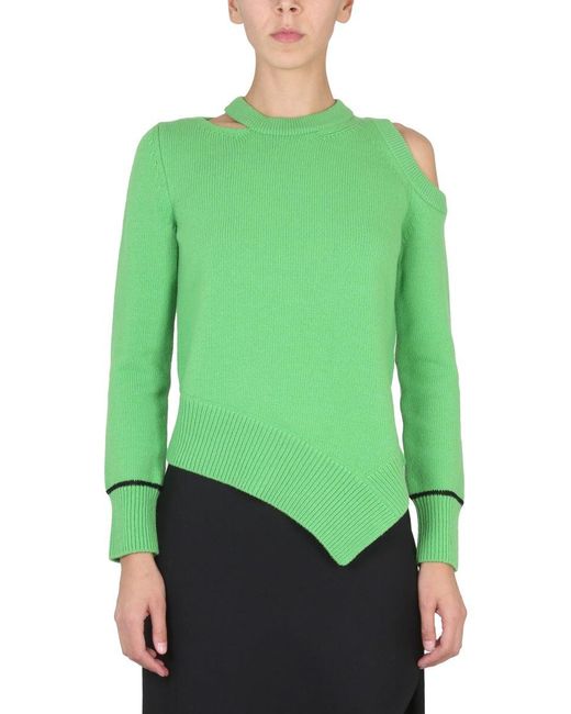 Alexander McQueen Green Rib-Knit Sweater With Asymmetrical Hemline