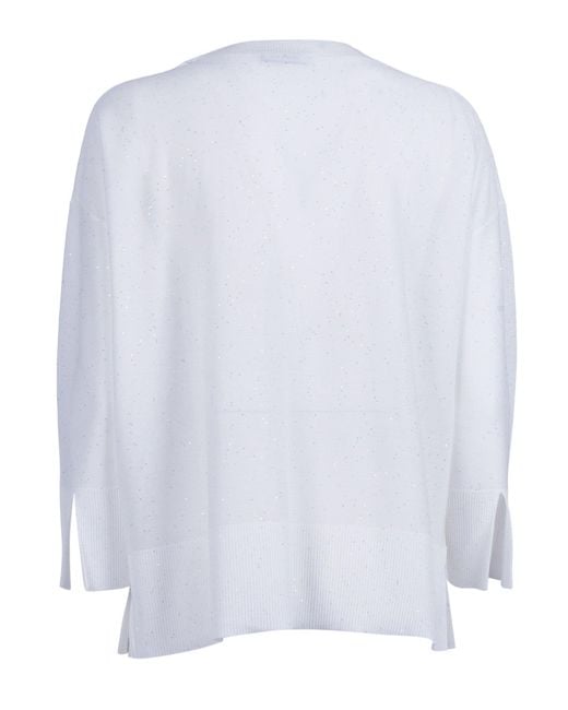 Kangra Cashmere White Serafino Con Bottoni E Micropaillettes