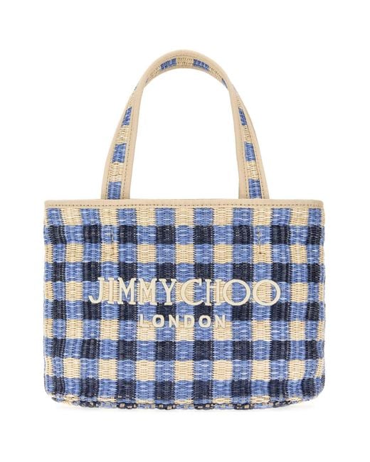 Jimmy Choo Blue Embroidered Raffia Mini Beach Handbag