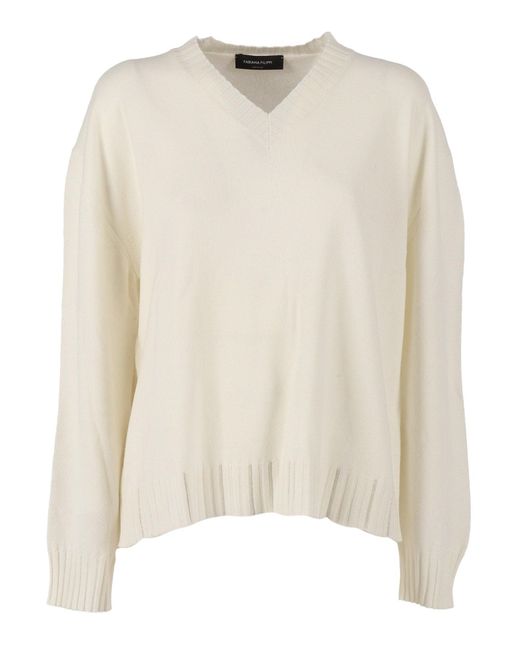 Fabiana Filippi Natural Platinum V-Neck Sweater With Ribbed Detailing