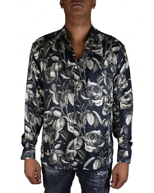 Roberto Cavalli Black Floral Print Silk Shirt With Button Front for men