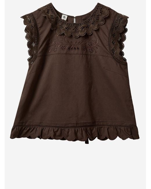 THE GARMENT Brown Cotton Top With Lace Inserts