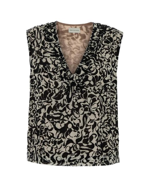 Dries Van Noten Black Printed Crepe College Top