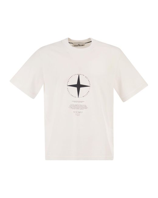 Stone Island White Regular Fit T-Shirt With “Light Compass” Print for men