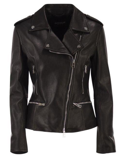 Dondup Black Lamb Leather Biker Jacket With Asymmetric Zip