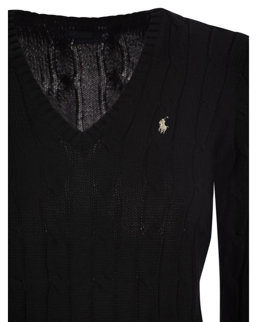 Polo Ralph Lauren Black Plaited Cotton V-Neck Sweater Sweater