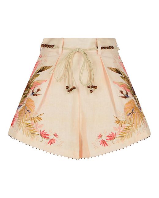 Zimmermann 'tuck' Linnen Geplooide Shorts In 'cream Palm Floral' Kleur in het Natural