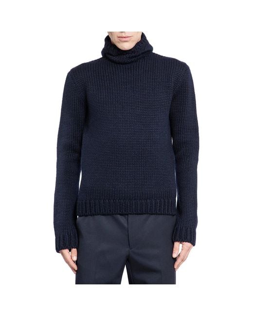 Prada Blue Wool Hooded Sweater for men