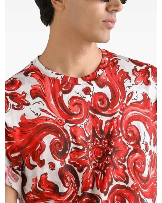 Dolce & Gabbana Red Cotton T Shirt With Majolica Print