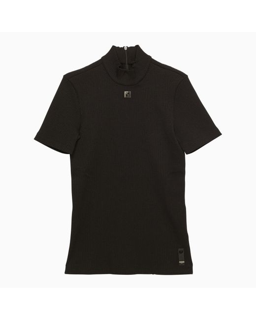 Fendi Black Ribbed Nylon T-shirt With Logo for men