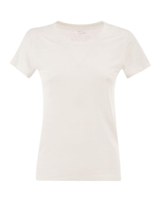 Majestic White Stretch Linen T Shirt With Round Neckline