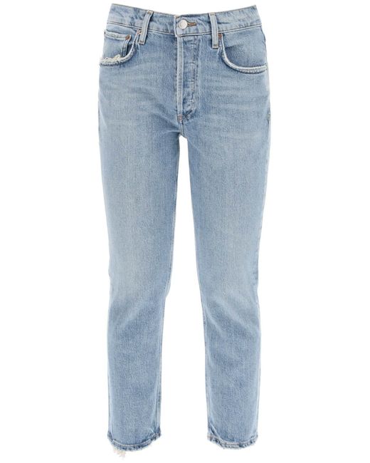 Jeans Cropped Dritti A Vita Alta Riley di Agolde in Blue