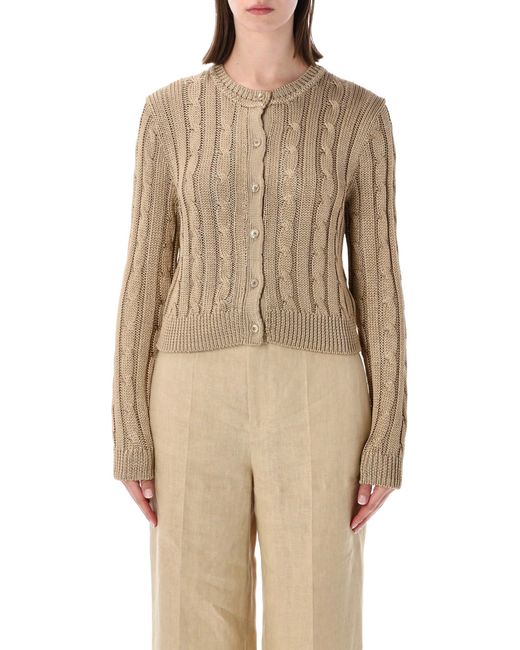 Ralph Lauren Natural Cropped Cable Knit Silk Cardigan