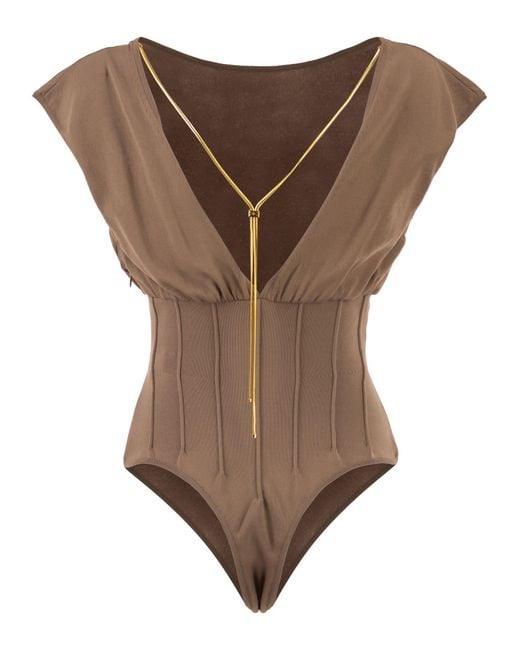 Elisabetta Franchi Brown Knit Bodysuit With Deep Neckline And Jewel Detail