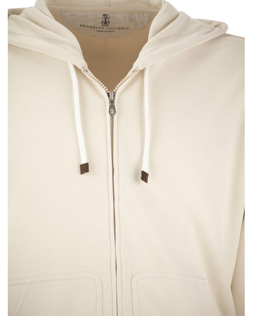 Brunello Cucinelli Techno Cotton Interlock Zip Front Hooded Sweatshirt in het Natural voor heren
