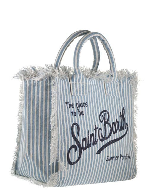 Mc2 Saint Barth Blue Striped Linen Beach Tote Bag With Printed Logo