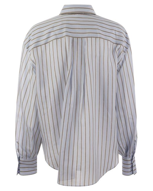 Stripe Stripe Cotton Silk Poplin Shirt avec collier Brunello Cucinelli en coloris Gray