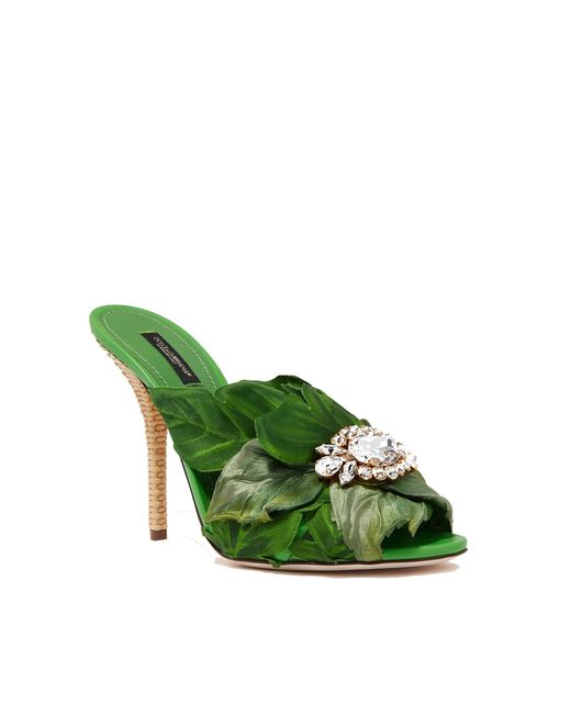 Keira Jungle Leaf Satin Mules Dolce & Gabbana de color Green