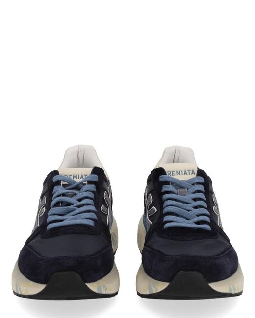 Premiata Blue Dark Base Sneakers With Light Laces And Cream Heel Accent for men