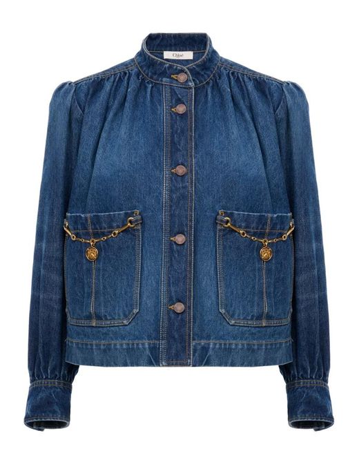 Chloé Blue Solid Mandarin Collar Jacket