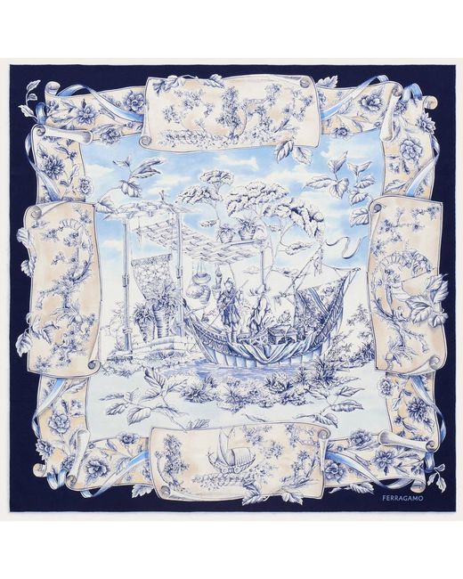 Ferragamo Blue Silk Scarf Voyage Print