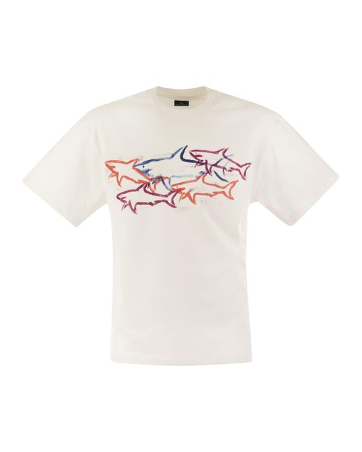 Camiseta de algodón de con estampado de tiburones Paul & Shark de color White
