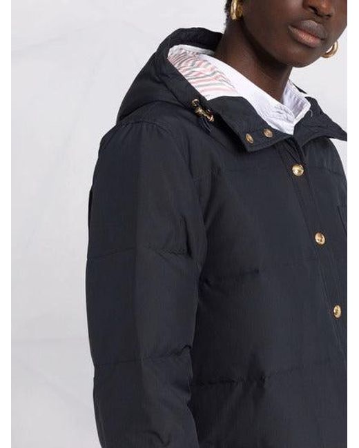 Thom Browne Black Down Filled Below Knee Hooded Shirtdress W/ 4 Bar