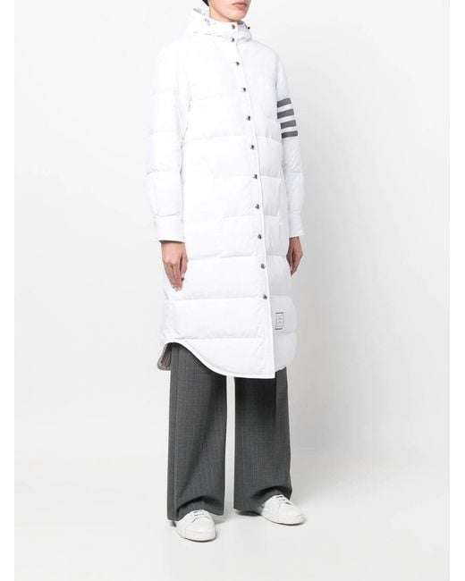 Thom Browne White Down Filled Below Knee Hooded Shirtdress W/ 4 Bar