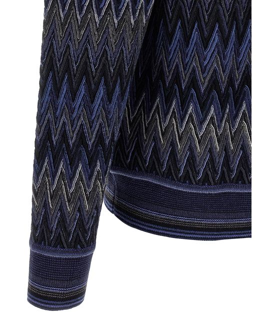Missoni Blue Zigzag Pattern Wool Sweater With Crew Neck for men