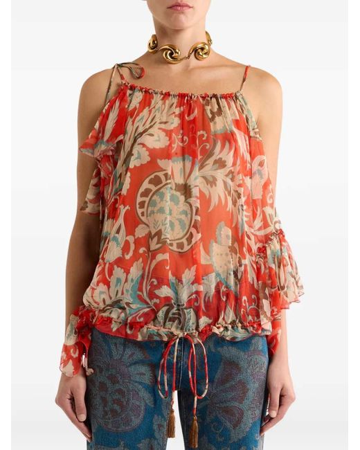 Etro Red Single-Sleeve Silk Top With Floral Motif