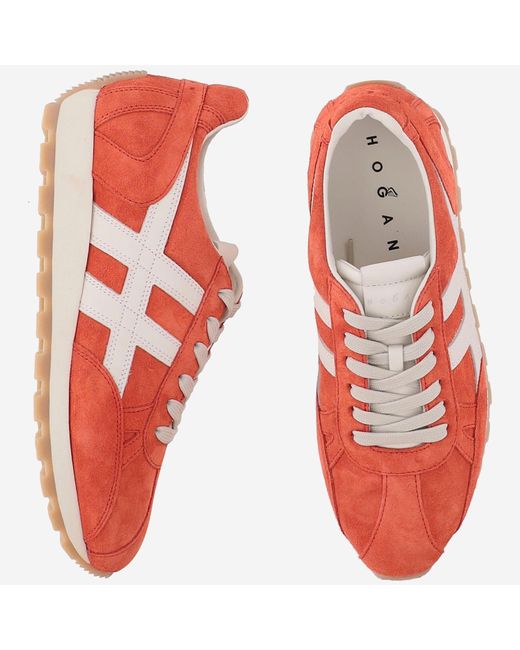 Hogan Red Suede Leather Sneakers With Round Toe And Iconic 'H' Emblem for men
