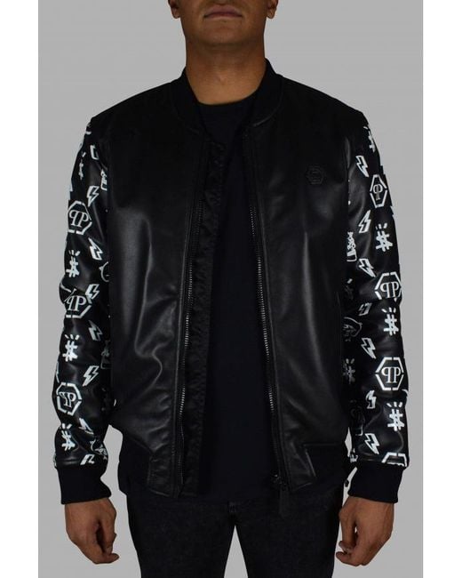Philipp Plein Black Leather Bomber Jacket With Graphic Sleeves for men