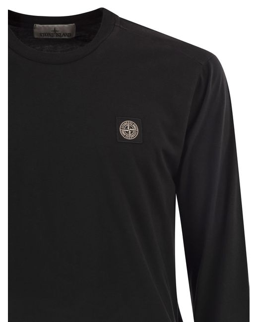 Stone Island Black Long Sleeved Slim Fit T Shirt With Compass Patch