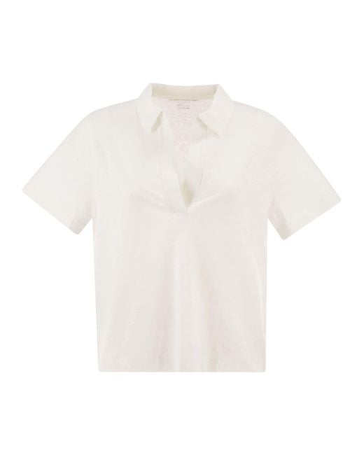 Majestic White Cropped Linen Stretch Polo With V-Neck