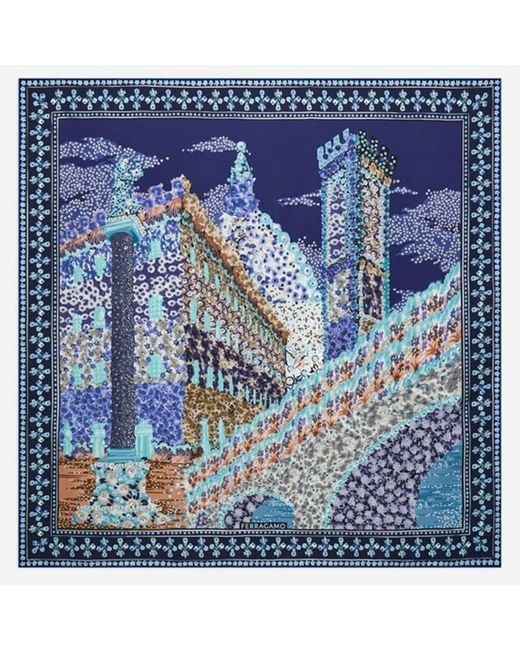 Ferragamo Blue Silk Scarf With Palazzo Print
