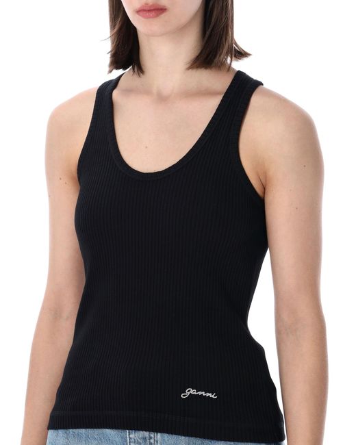 Ganni Black Organic Cotton Rib Tank