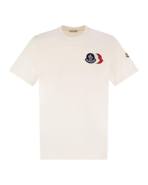 Cotton Thirt Con Logo Tricolor Ricamato di Moncler in White da Uomo
