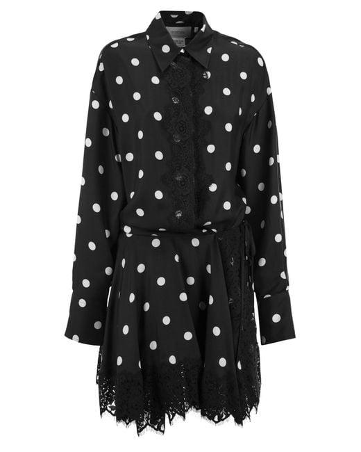 Sportmax Black Spxbosso Silk Shirt Dress With Lace Inserts