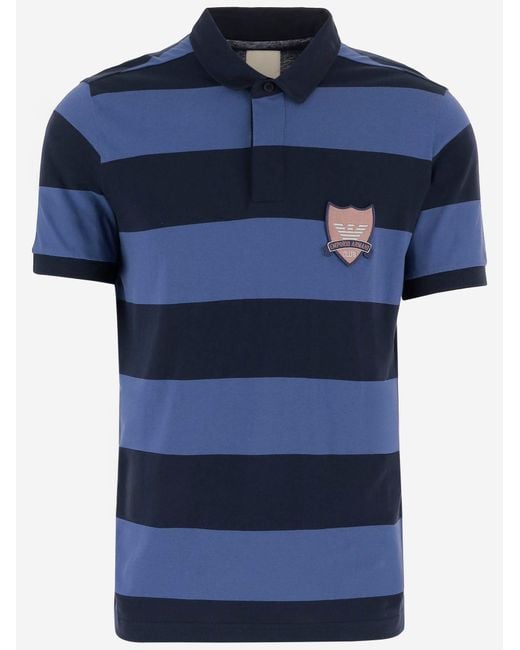 Emporio Armani Blue Striped Cotton Polo Shirt With Logo