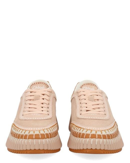 Chloé Pink Nama Embroidered Leather-Trimmed Suede Platform Sneakers