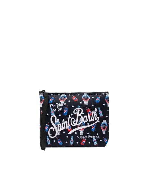 Mc2 Saint Barth Blue Pochette Aline in Scuba con Stampa Orologi e Drink