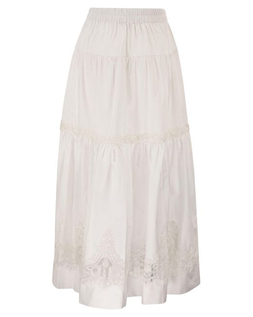 Maurizio Mykonos White Cotton And Rayon Midi Skirt With Embroidered Inserts