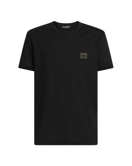 Dolce & Gabbana Black Cotton T Shirt With Logo Plaque